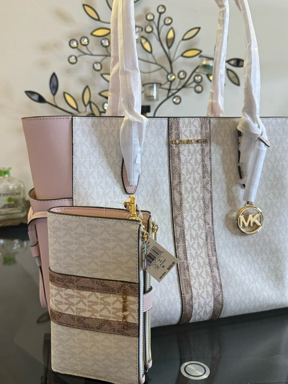 Michael Kors Cream and Brown Logo Wristlet and Clutch Set